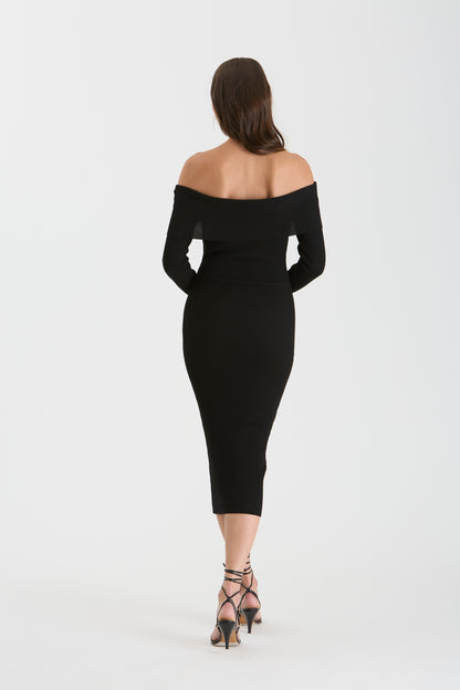 off the shoulder ribbed midi dress