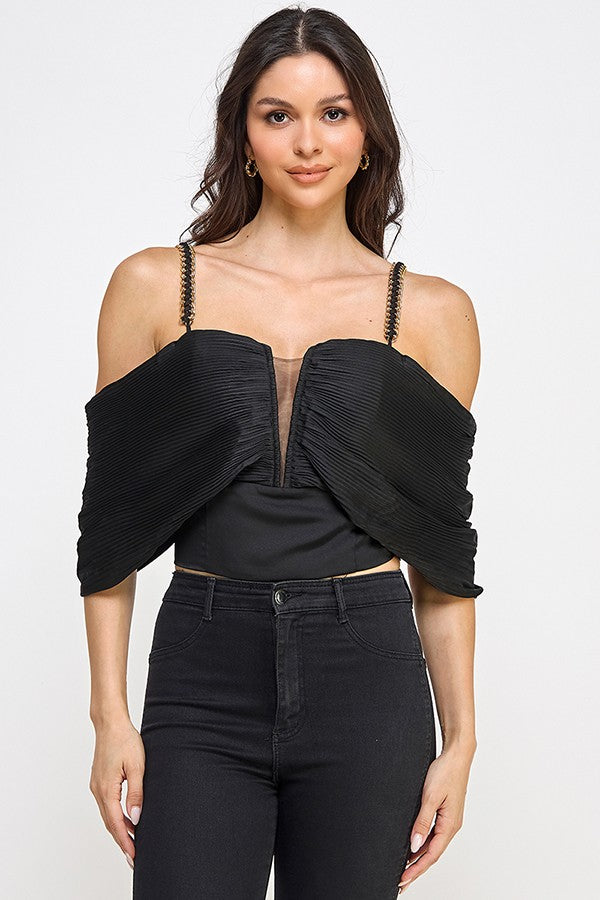 Chain Strap Pleated Off Shoulder Top