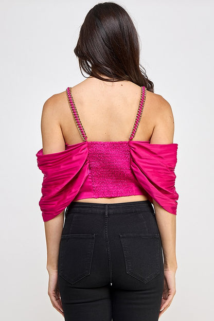 Chain Strap Pleated Off Shoulder Top