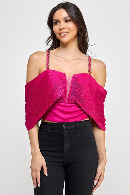 Chain Strap Pleated Off Shoulder Top