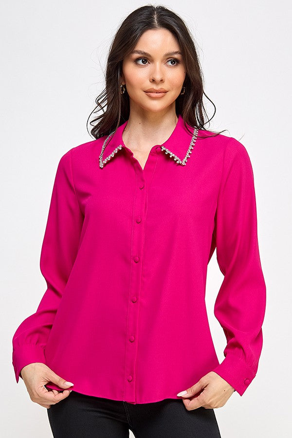 Rhinestone Collar Trim Button Down Shirt