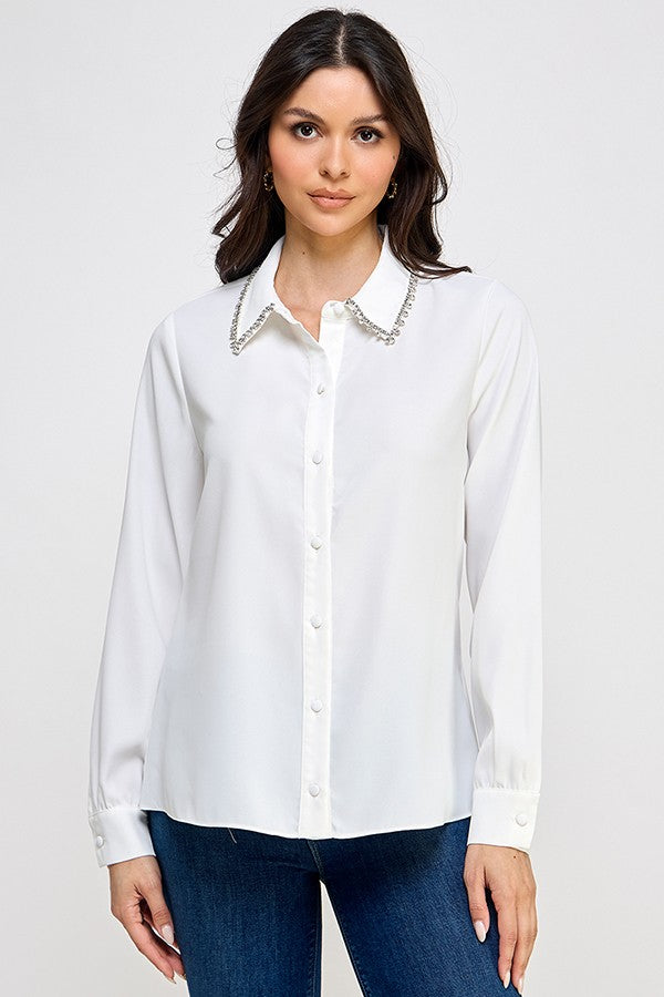 Rhinestone Collar Trim Button Down Shirt