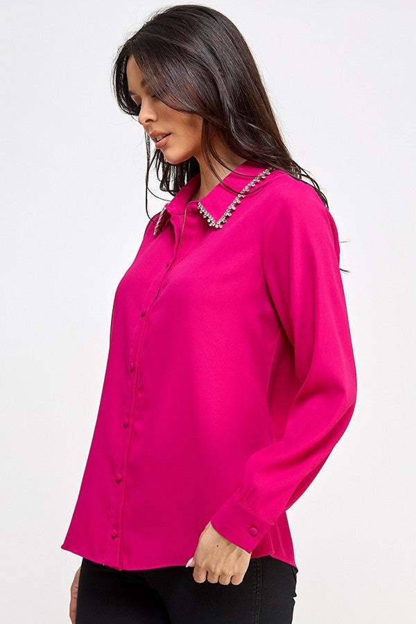 Rhinestone Collar Trim Button Down Shirt