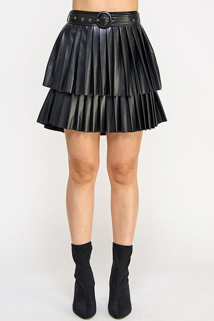 Tiered Pleated Faux Leather Skirt