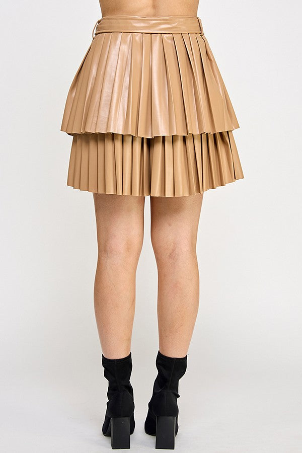 Tiered Pleated Faux Leather Skirt