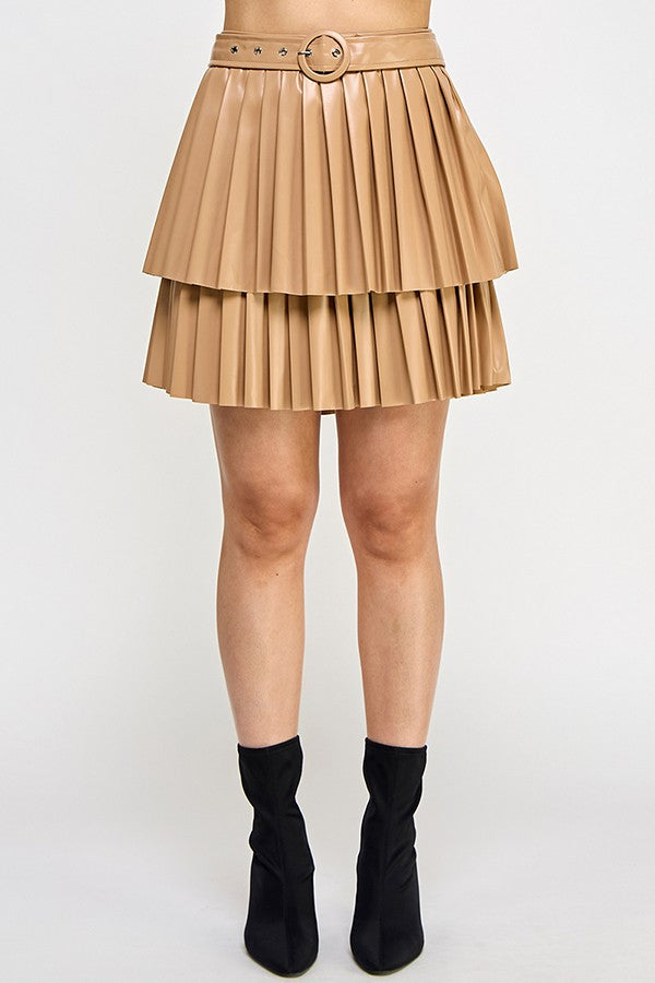 Tiered Pleated Faux Leather Skirt