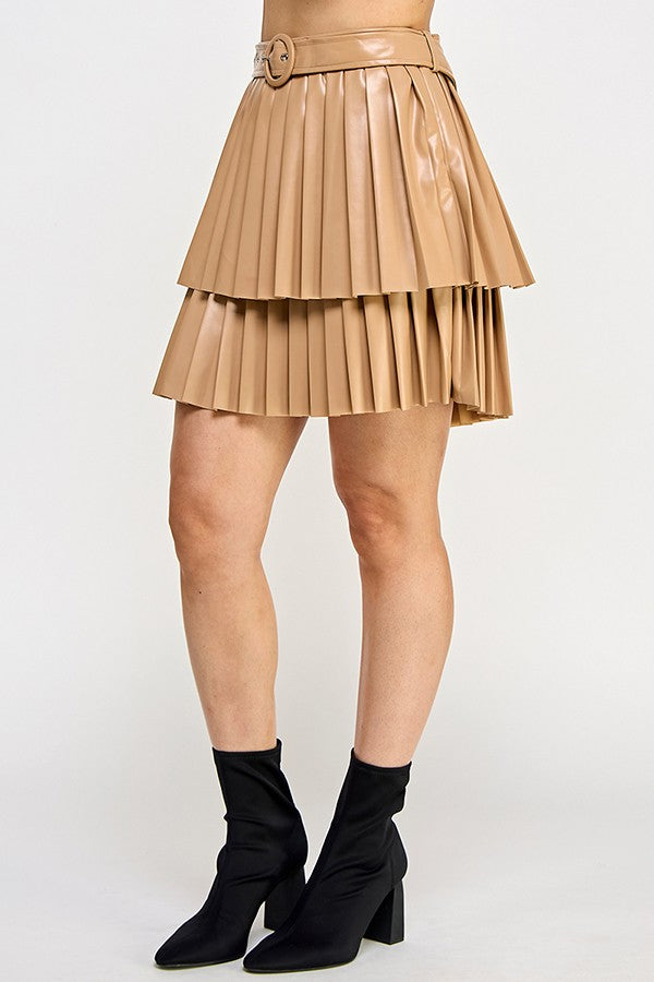 Tiered Pleated Faux Leather Skirt