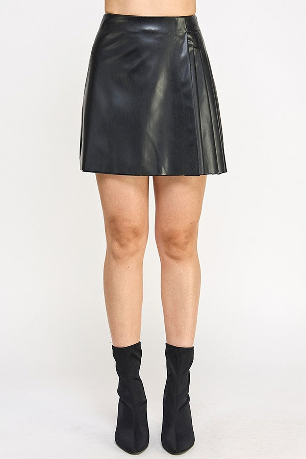 side pleated faux leather mini skirt