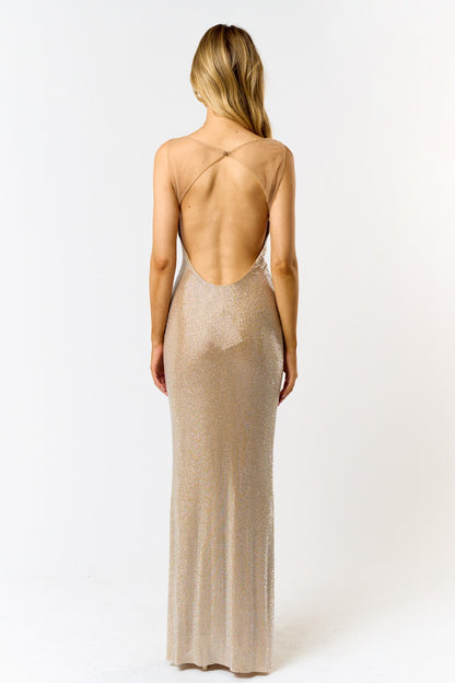 rhinestone open back mesh sleeveless maxi dress