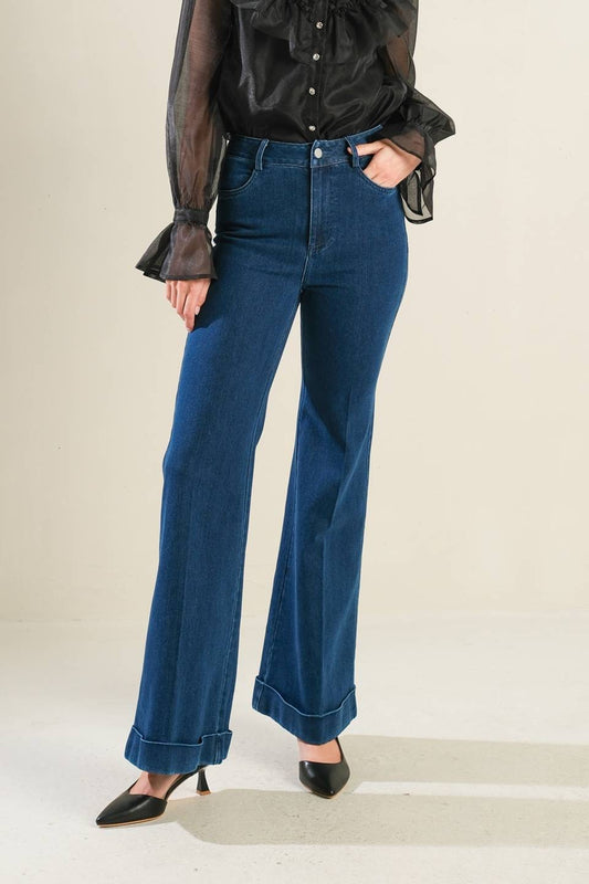 cuffed flare leg high waist jeans