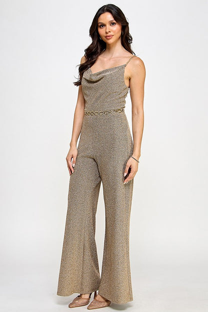 cowl neck chain straps & belt lurex jumpsuit