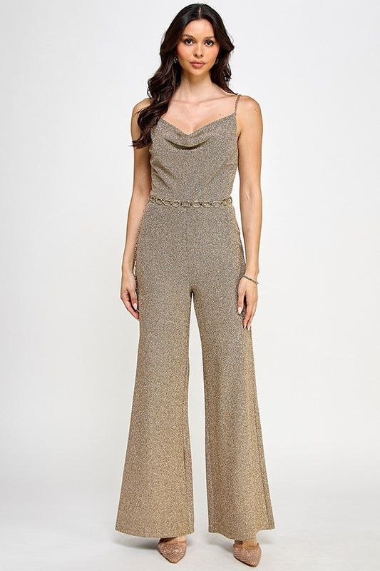 cowl neck chain straps & belt lurex jumpsuit