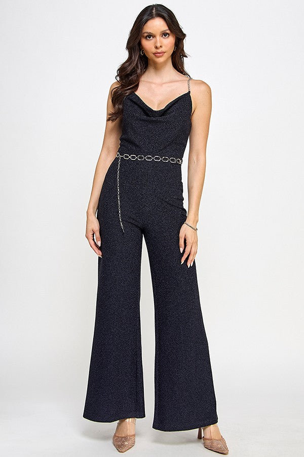 cowl neck chain straps & belt lurex jumpsuit