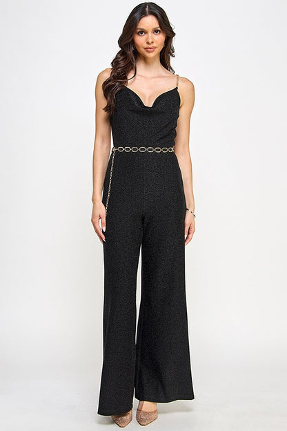 cowl neck chain straps & belt lurex jumpsuit