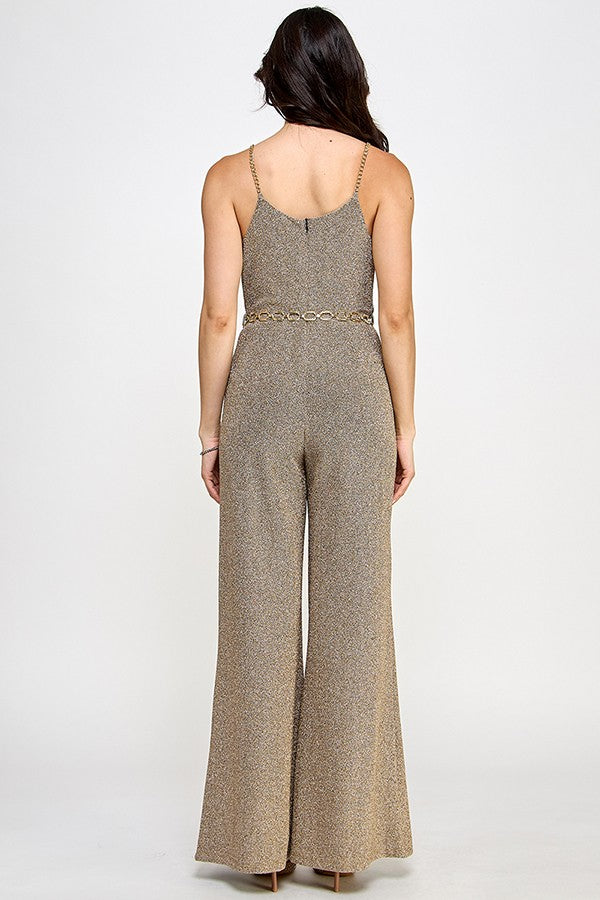 cowl neck chain straps & belt lurex jumpsuit