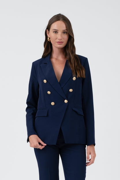 gold button double breasted blazer