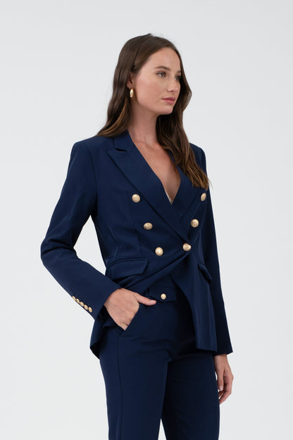 gold button double breasted blazer