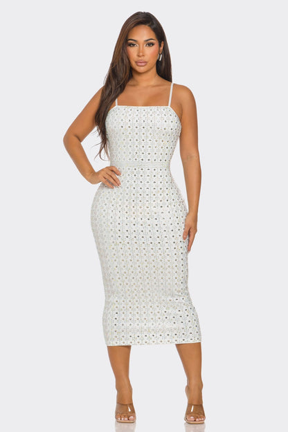 all over rhinestone sleeveless midi dress