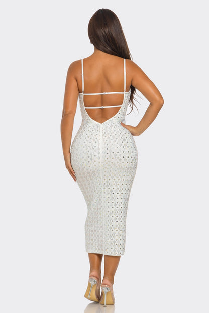 all over rhinestone sleeveless midi dress