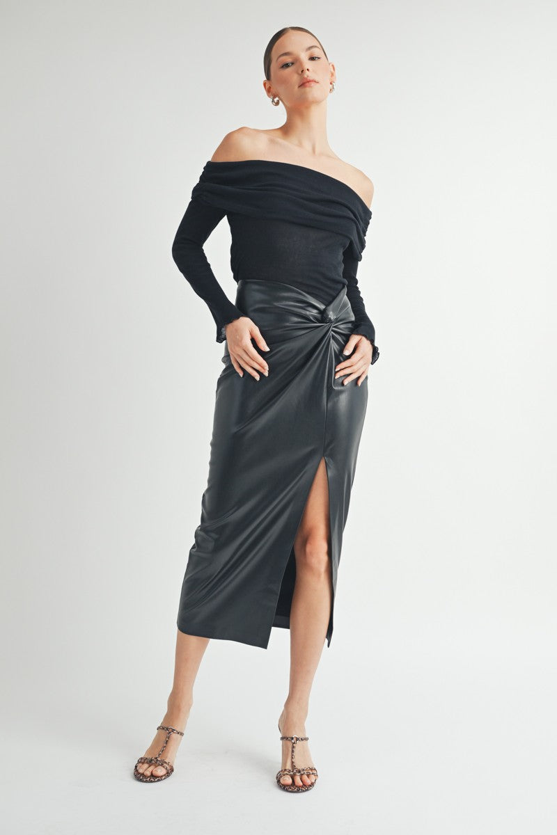 Twist waist Faux Leather Midi Skirt