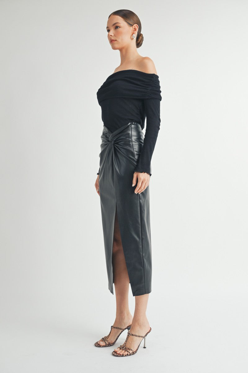 Twist waist Faux Leather Midi Skirt