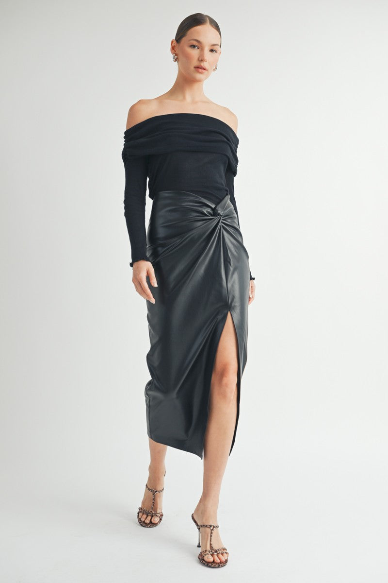 Twist waist Faux Leather Midi Skirt