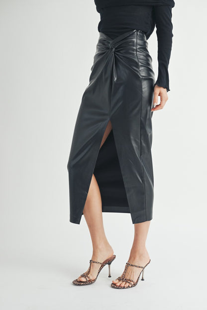 Twist waist Faux Leather Midi Skirt