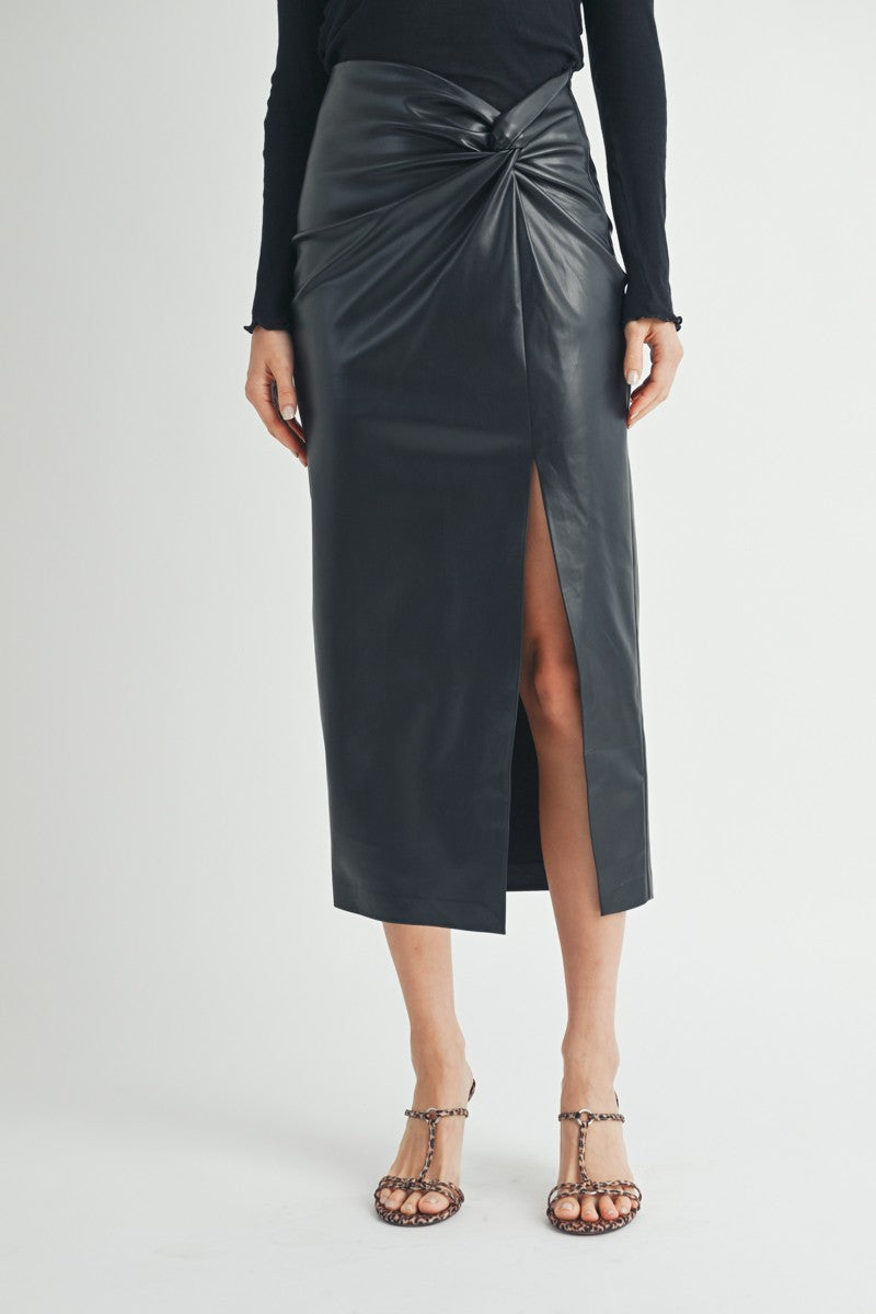 Twist waist Faux Leather Midi Skirt