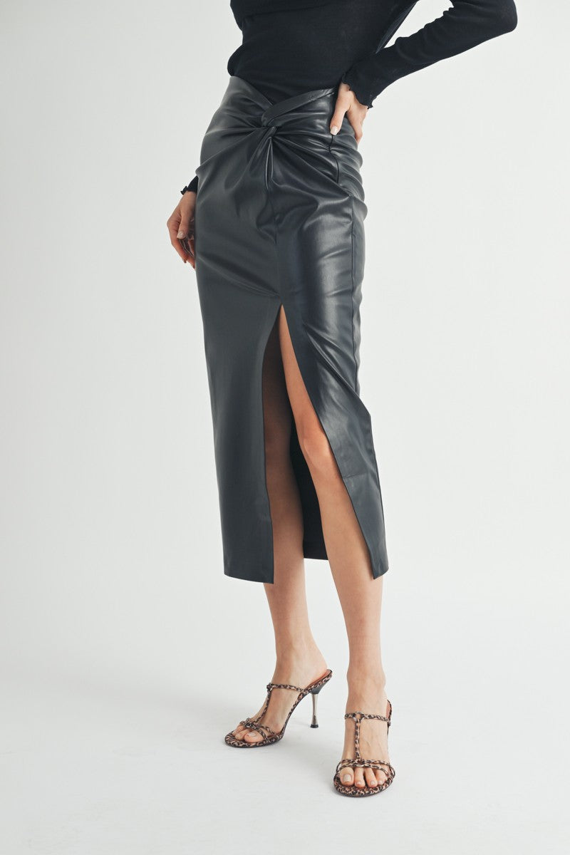 Twist waist Faux Leather Midi Skirt