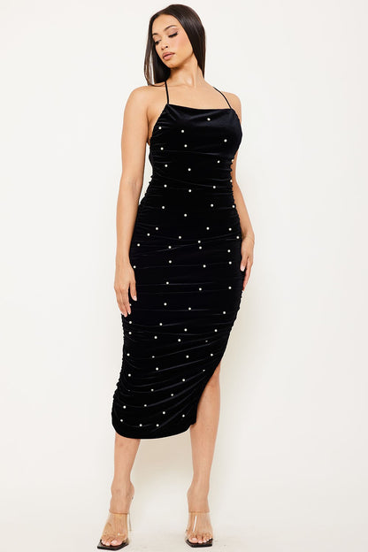 pearl accent velvet midi dress