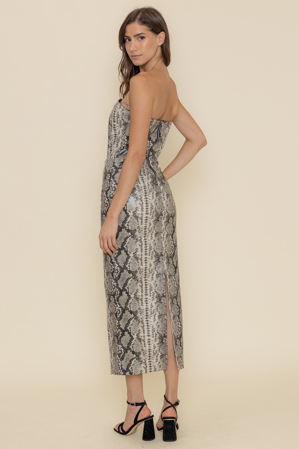 faux leather snakeskin strapless midi dress