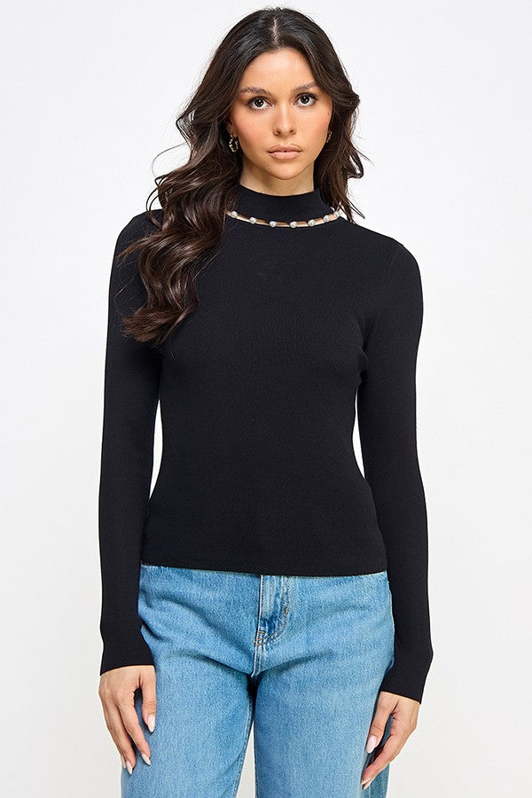 Pearl Mock Long Sleeve Sweater Top