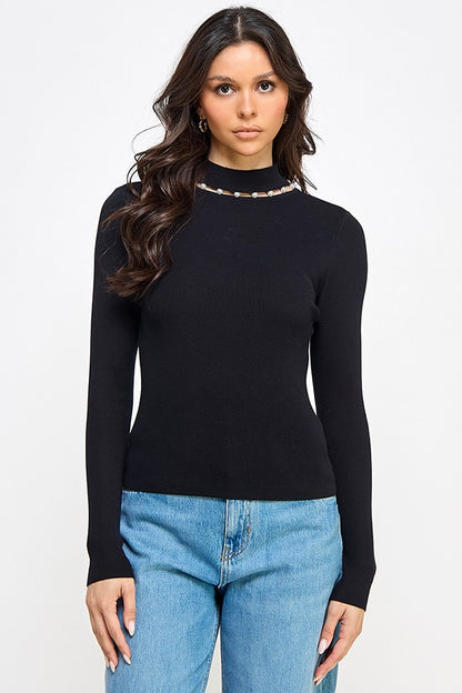 Pearl Mock Long Sleeve Sweater Top