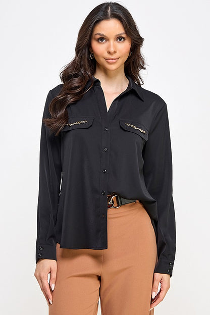 Chain Pocket Flap Long Sleeve Button Up Blouse