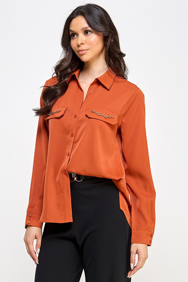 Chain Pocket Flap Long Sleeve Button Up Blouse