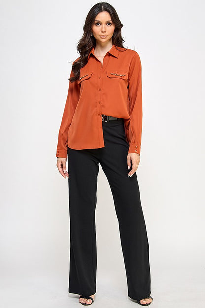 Chain Pocket Flap Long Sleeve Button Up Blouse