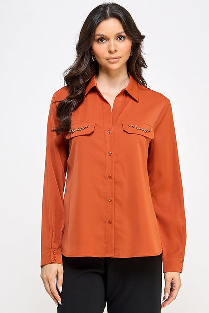 Chain Pocket Flap Long Sleeve Button Up Blouse