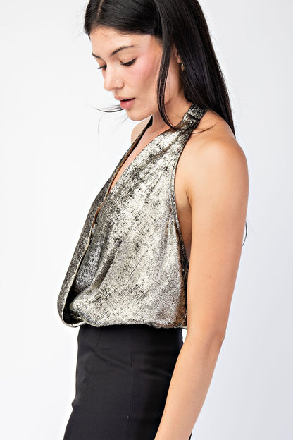 metallic surplice halter bodysuit