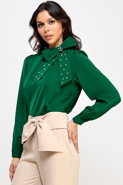 Pearl Detail Bow Long Sleeve Top