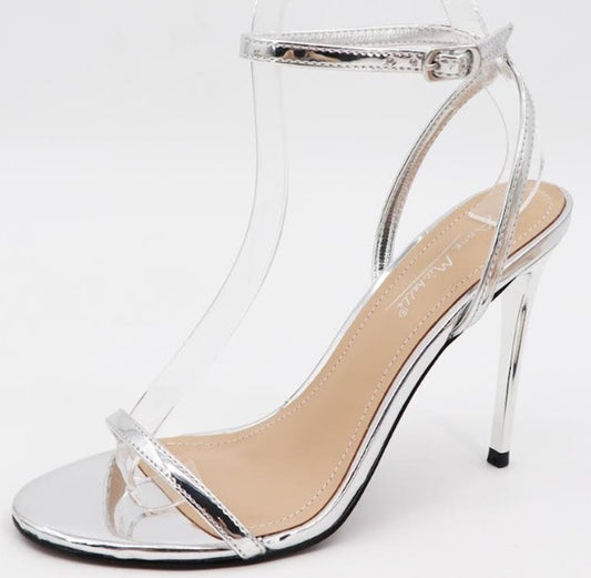 metallic ankle strap stiletto heel shoe