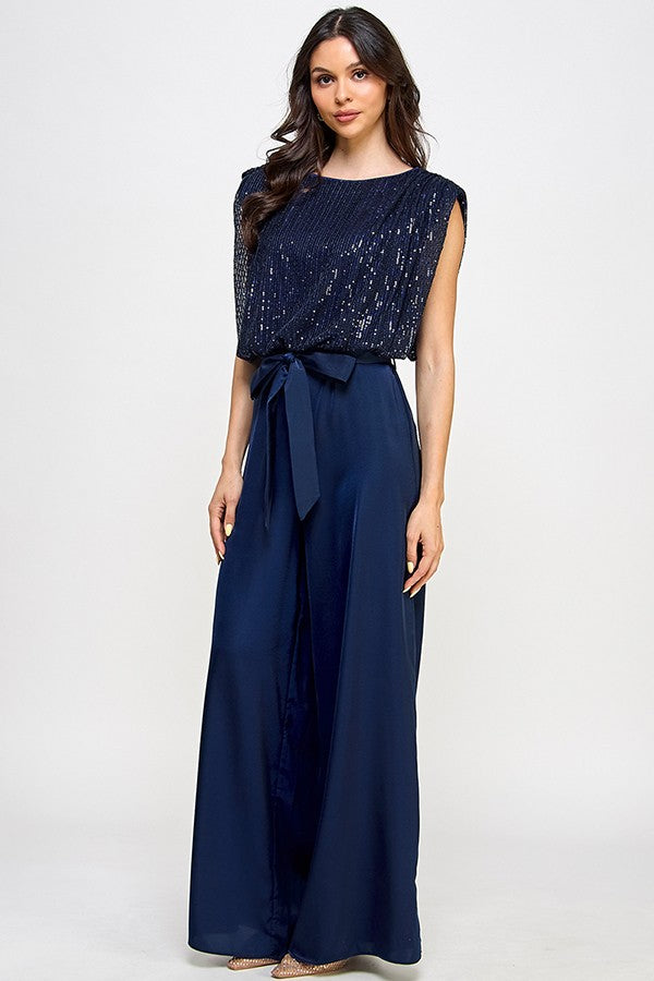 Sequin Top with Pleated Pants Jumpsuit