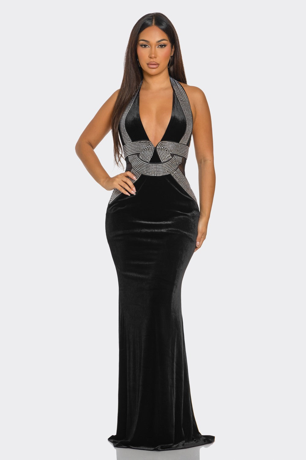 rhinestone pattern velvet halter maxi dress