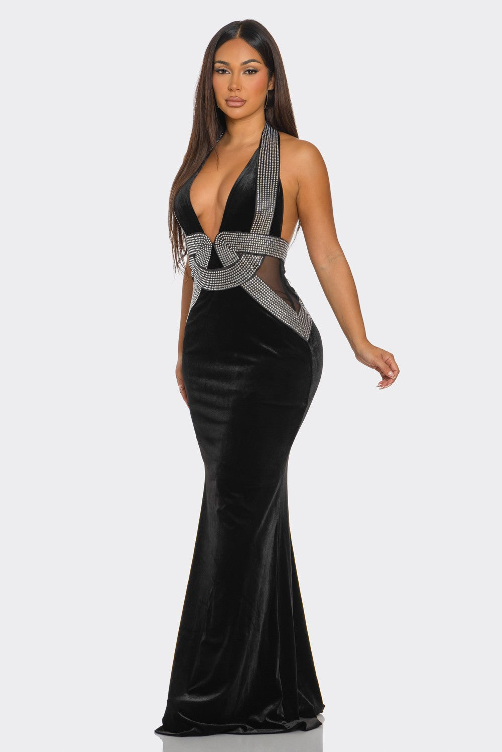 rhinestone pattern velvet halter maxi dress