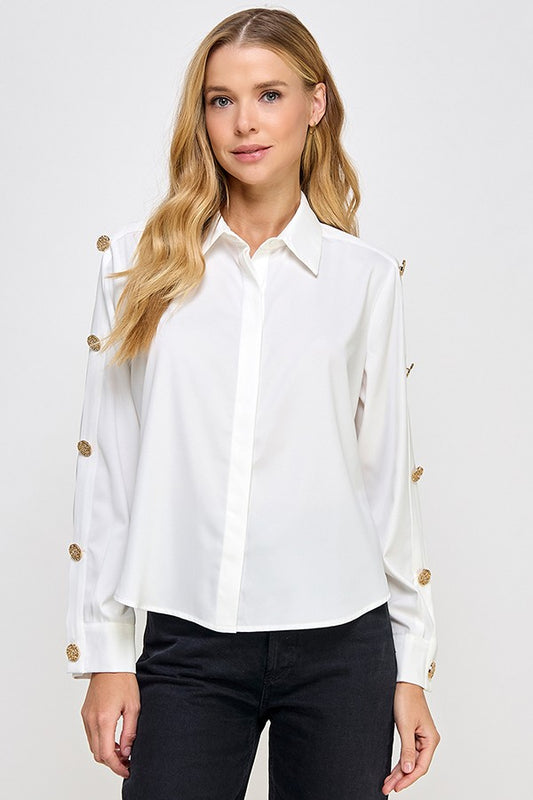 Gold Button Sleeves Button Down Blouse