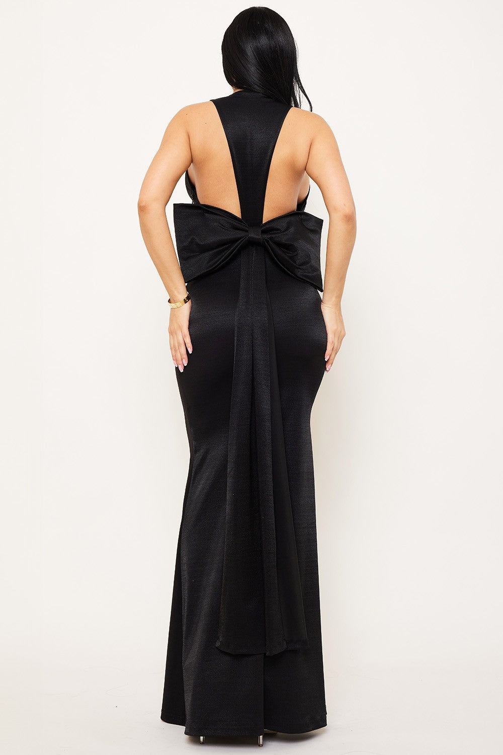 metallic bow back v neck maxi dress