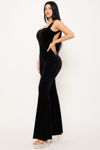 glitter velvet open back flare leg jumpsuit