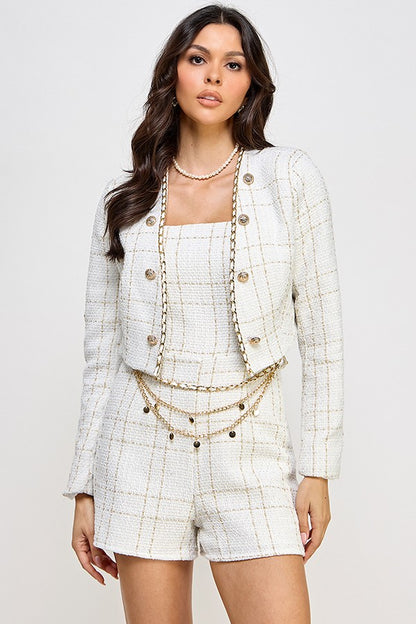 2pc set- tweed belted romper & crop jacket