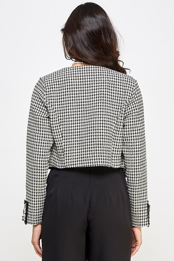 sequin trim crop tweed jacket