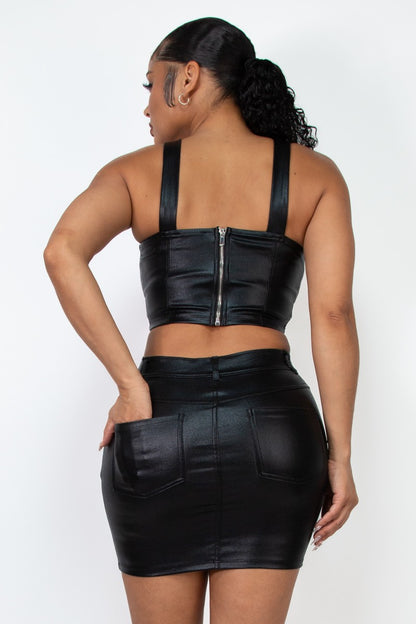 Faux Leather Corset Twill Crop Top