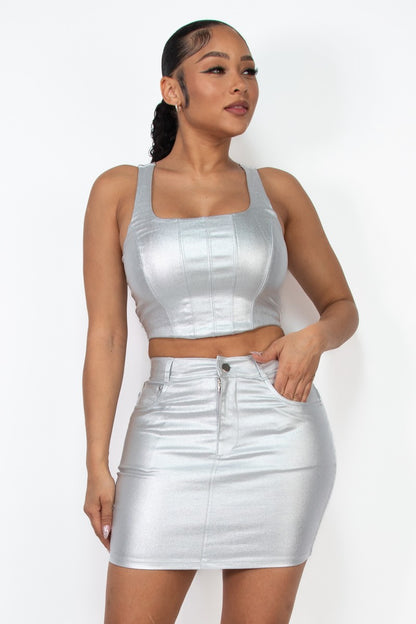 Faux Leather Corset Twill Crop Top